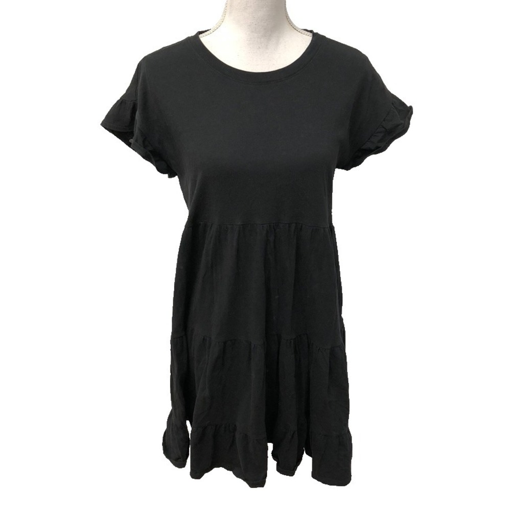 J Crew Tiered Baby Doll Mini Dress Womens Small Black Flutter Short Sleeve Boho
